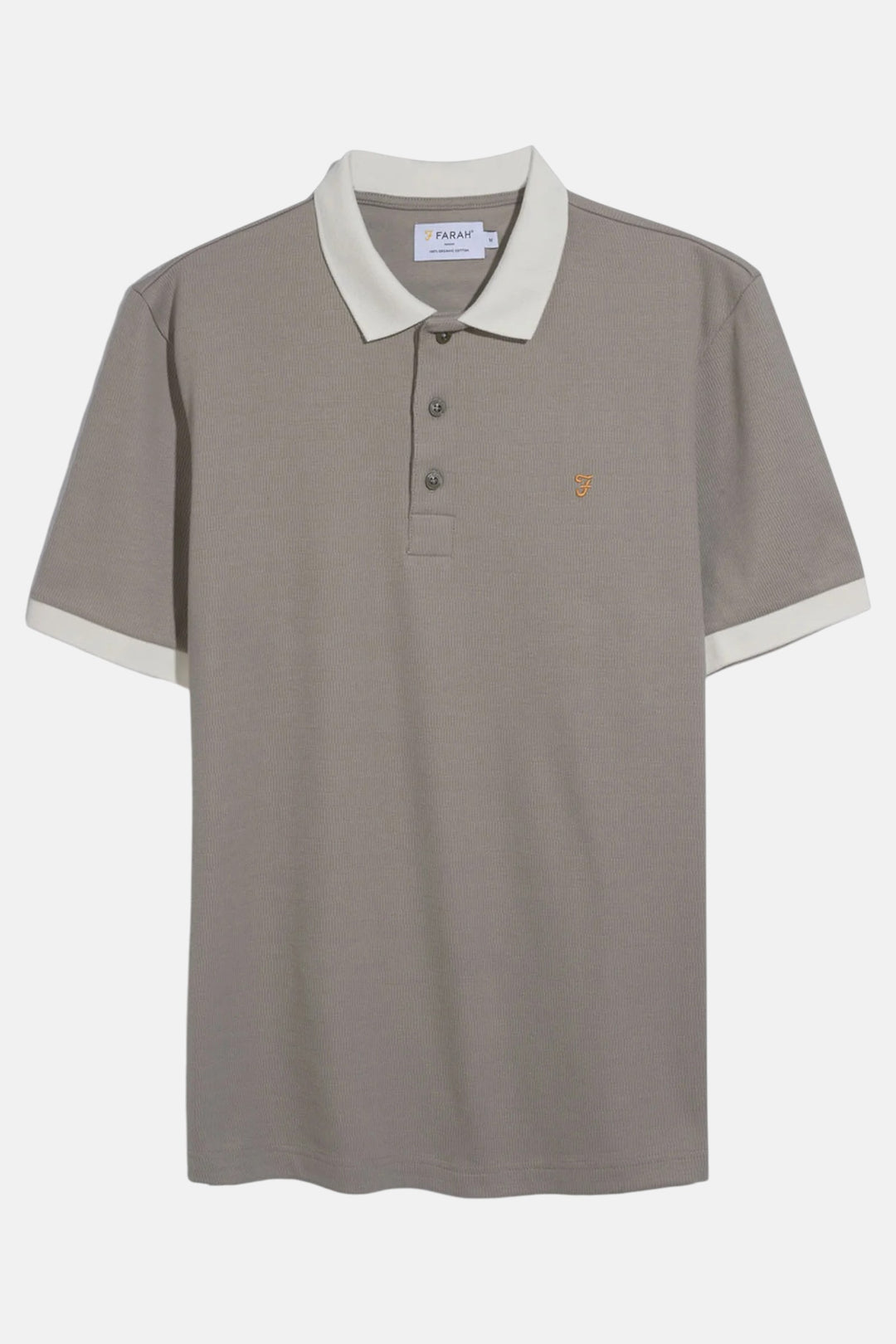 Farah textured polo shirt, stone grey, button placket, contrast collar