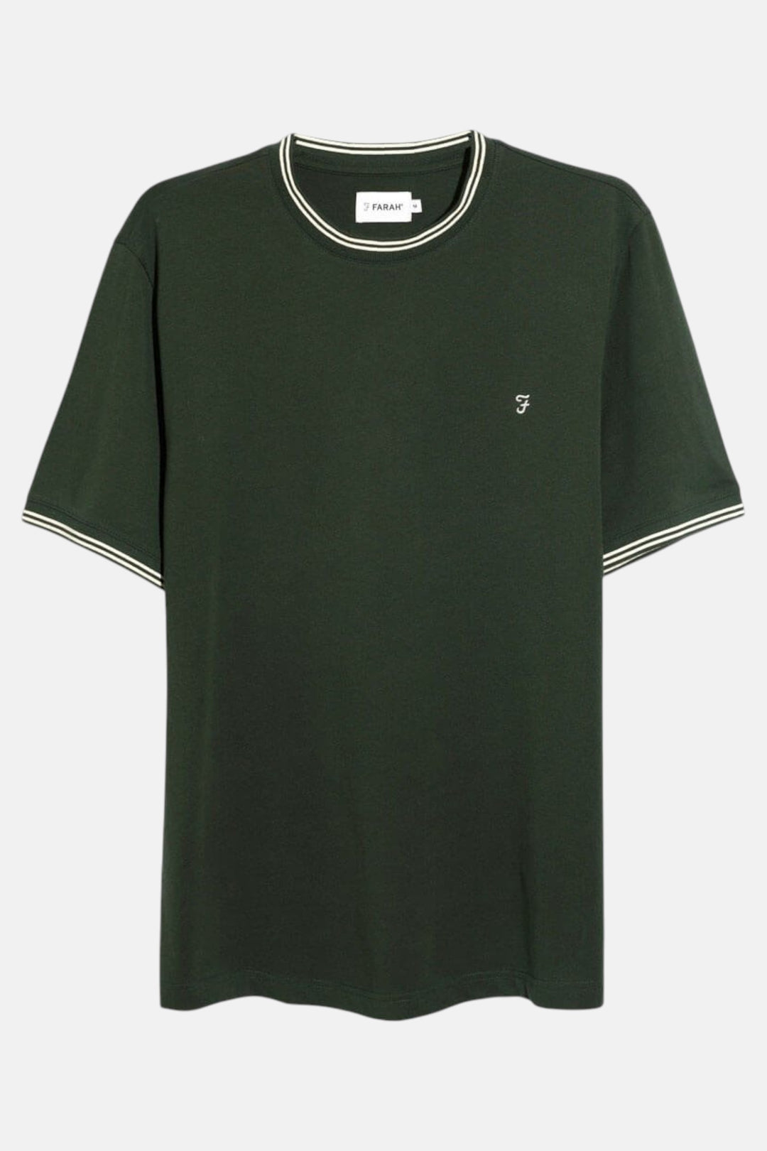 Pine green tipped crew-neck t-shirt with small chest logo and contrast trim