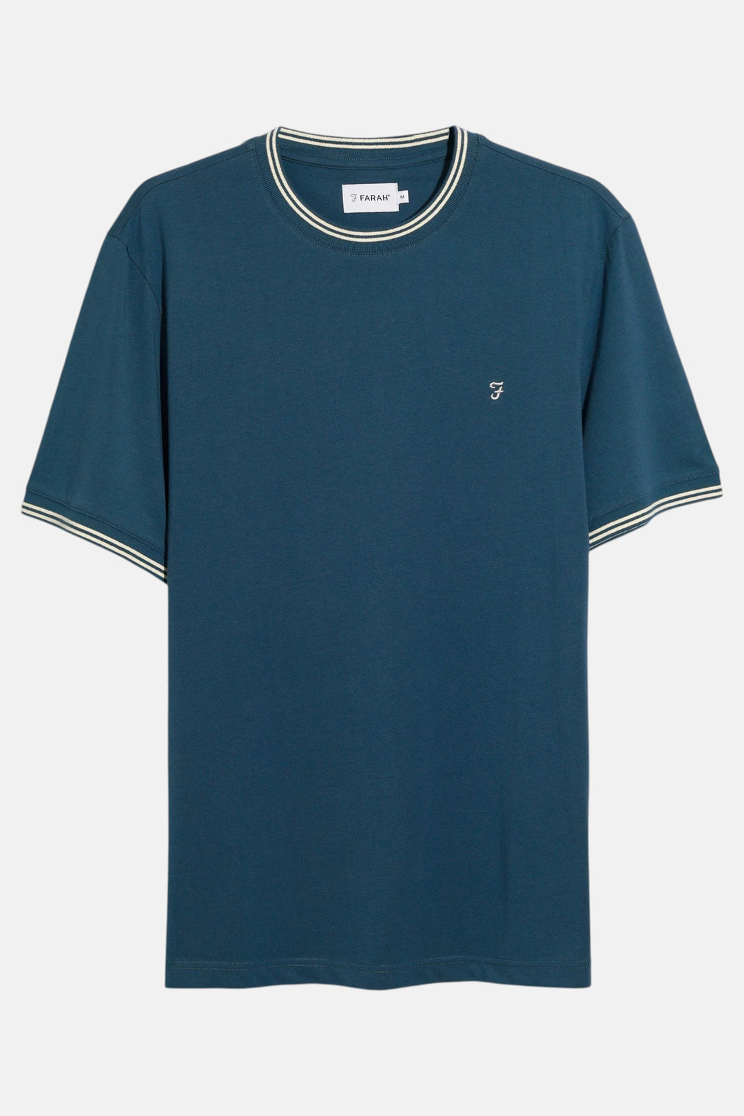 Farah Dallow prussian blue tipped t-shirt with white striped crew neck and sleeves