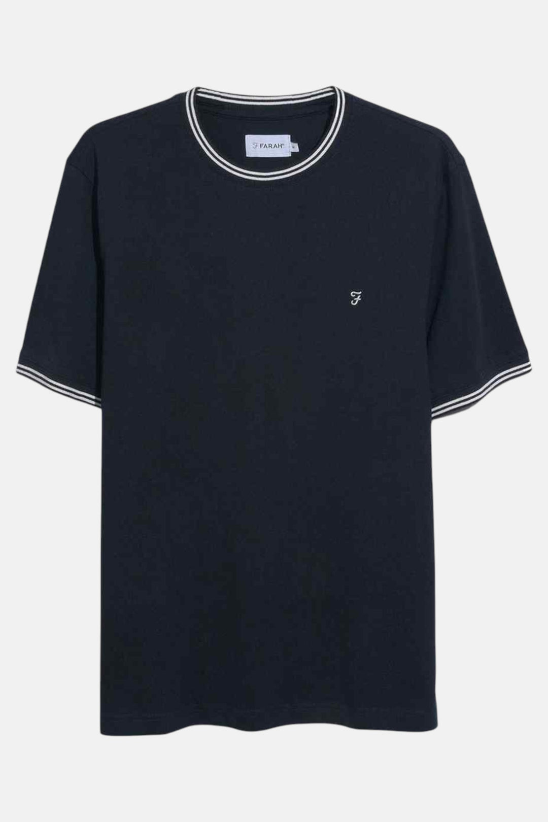 Farah Dallow true navy tipped T-shirt with crew neck and striped trim at collar and cuffs