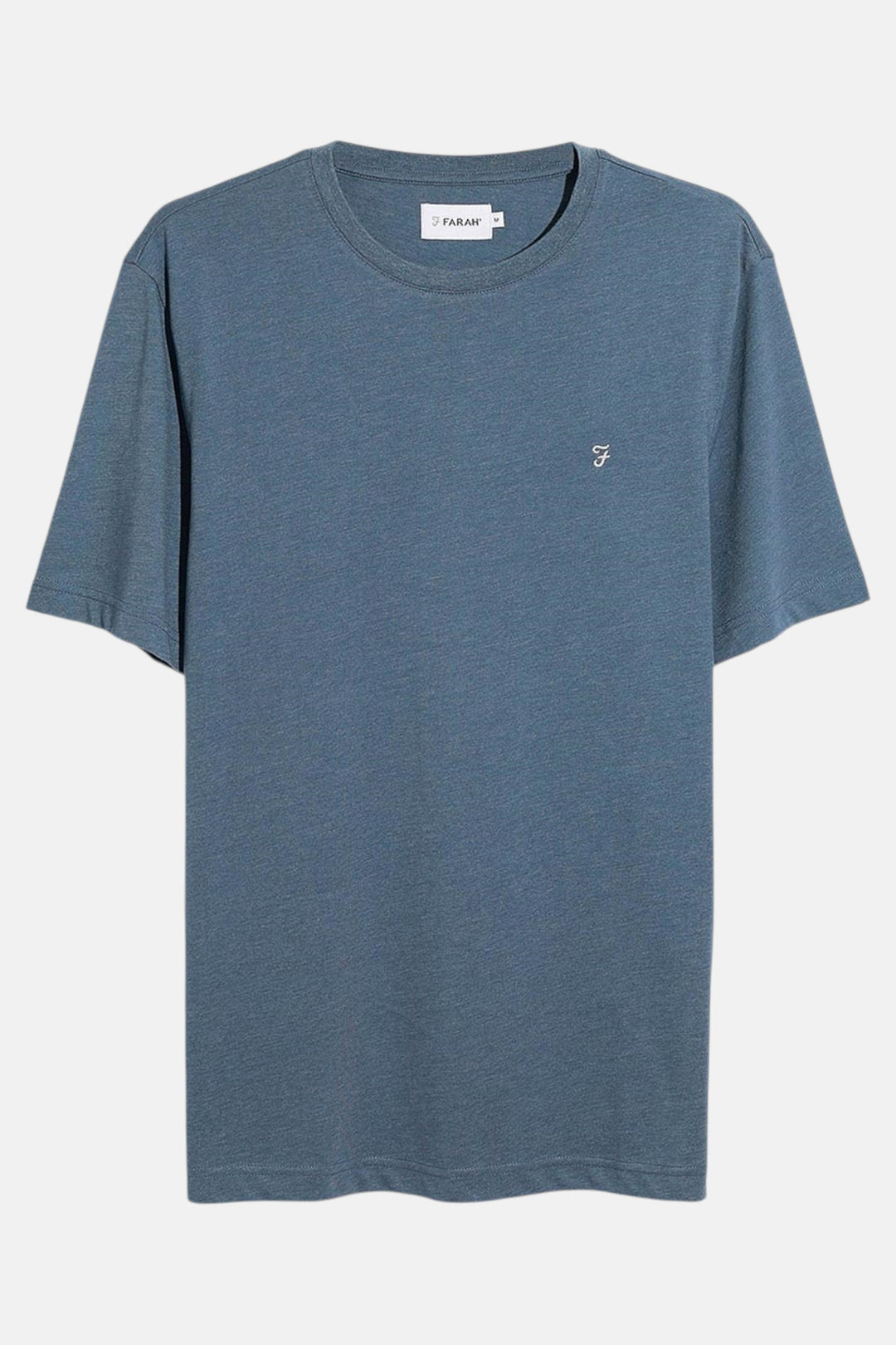Men's blue marl crew-neck T-shirt with small chest logo, short sleeves