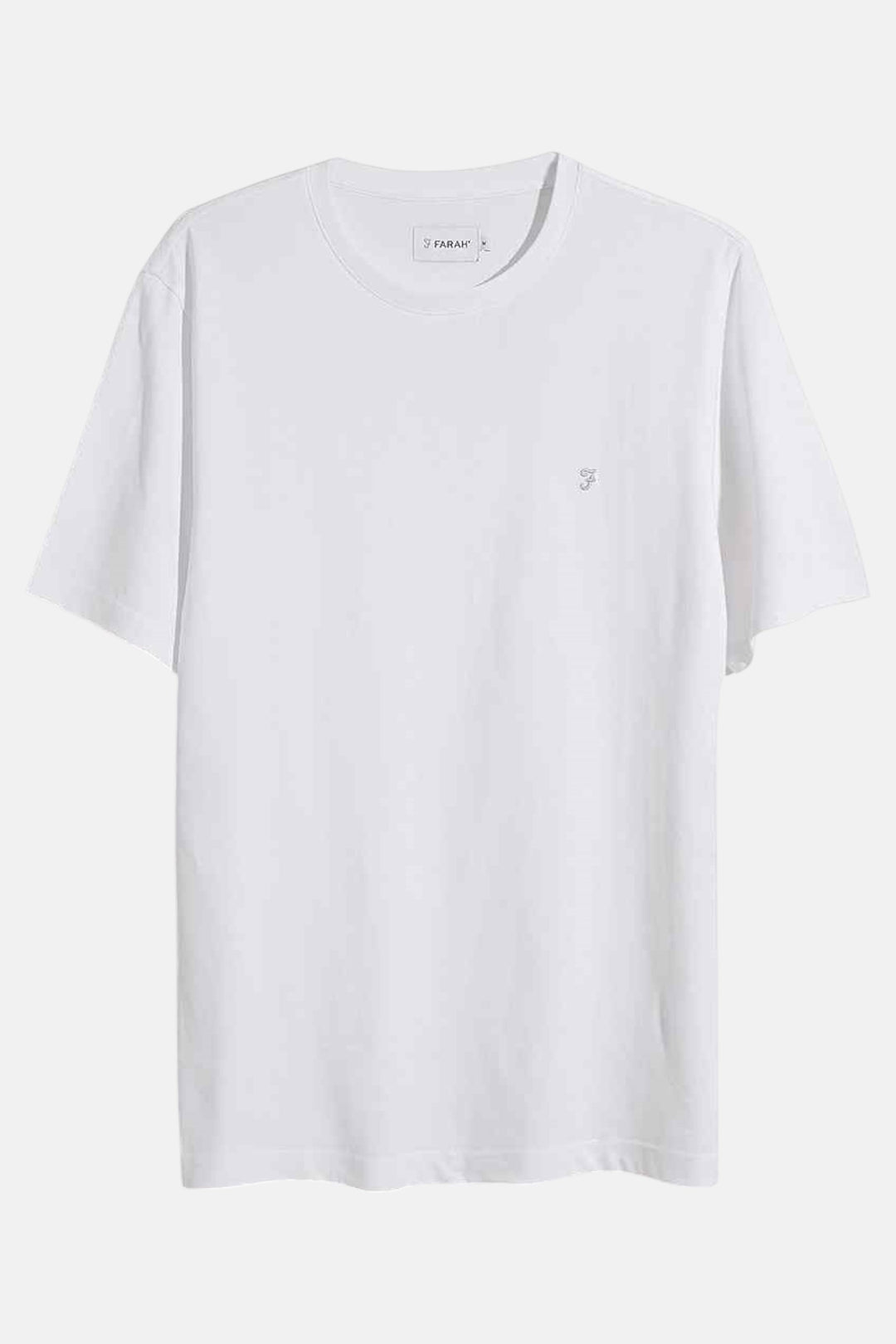 Farah Dean white crew-neck T-shirt with small chest logo, short sleeves