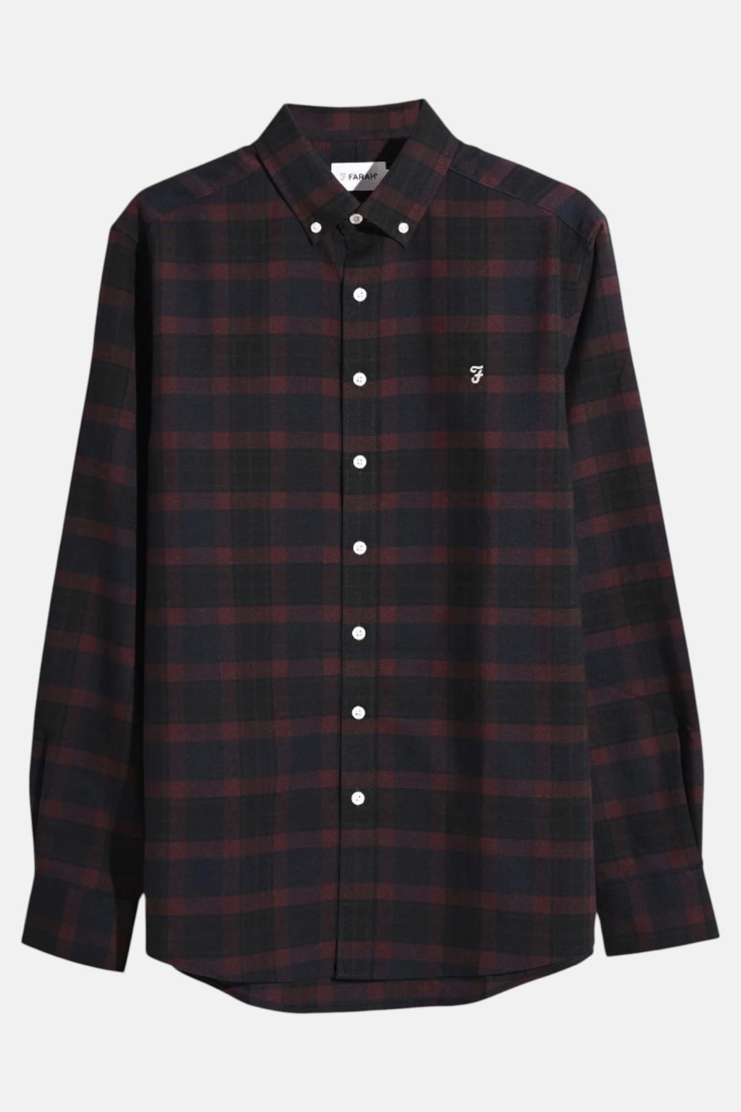 Farah Foster long-sleeve shirt in dark oxblood plaid with button front and chest logo
