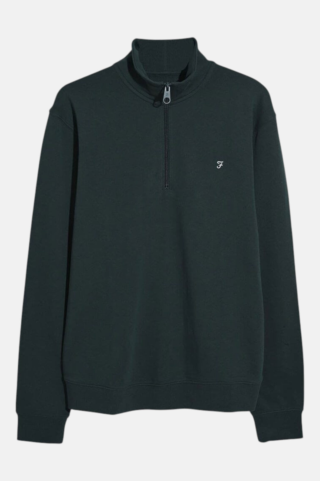 Men’s dark green 1/4-zip pullover with stand collar and small chest logo