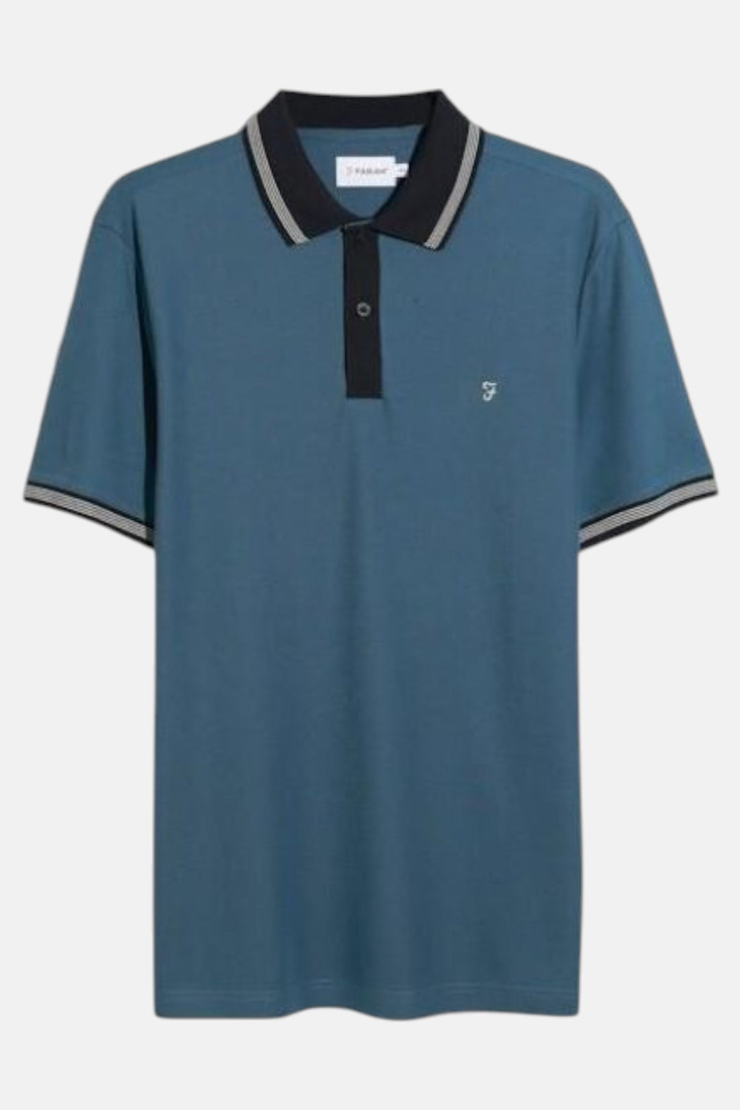 Men's prussian blue polo shirt with black tipped collar and button placket