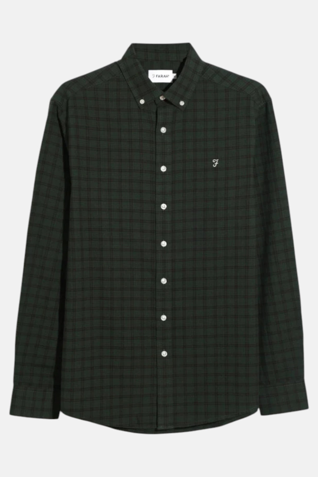 Dark green plaid long-sleeve button-front shirt with point collar and small chest logo