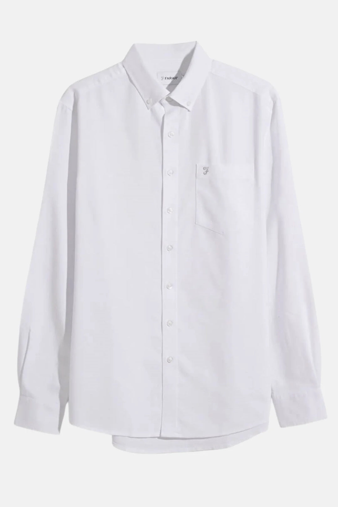 White button-up shirt with long sleeves and chest pocket
