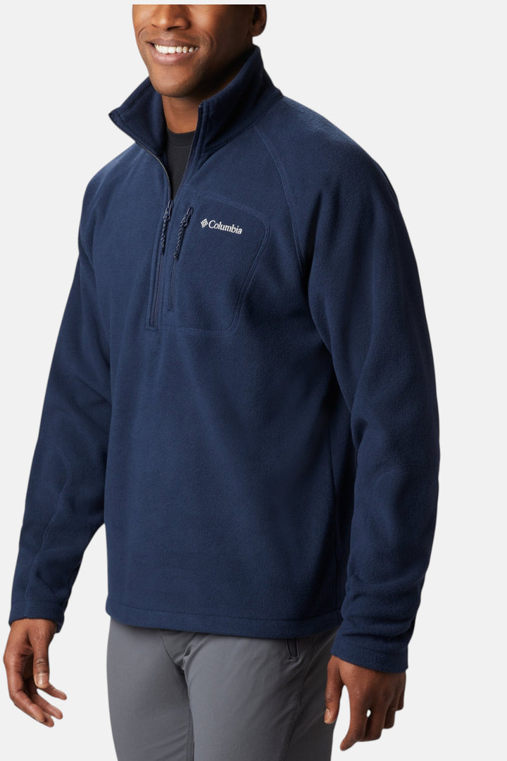Half-zip fleece pullover in collegiate navy with zip-up neck and chest logo