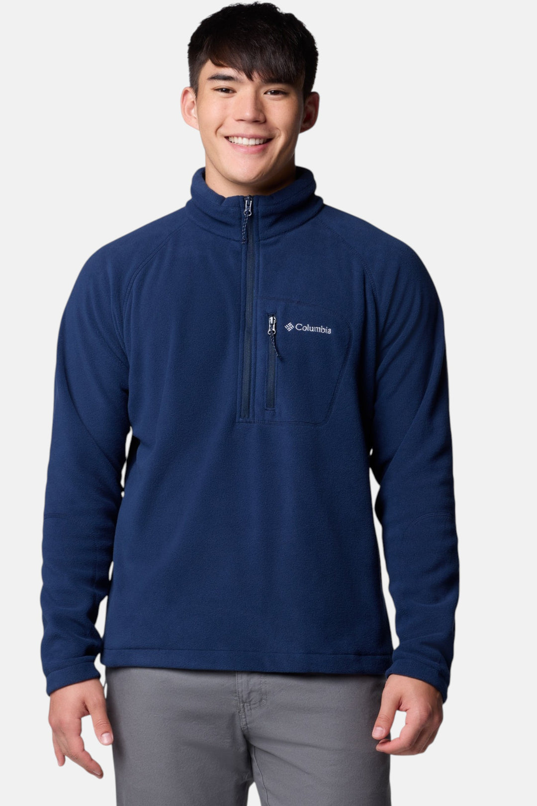 Half-zip fleece pullover in collegiate navy with drawcord hood and chest logo