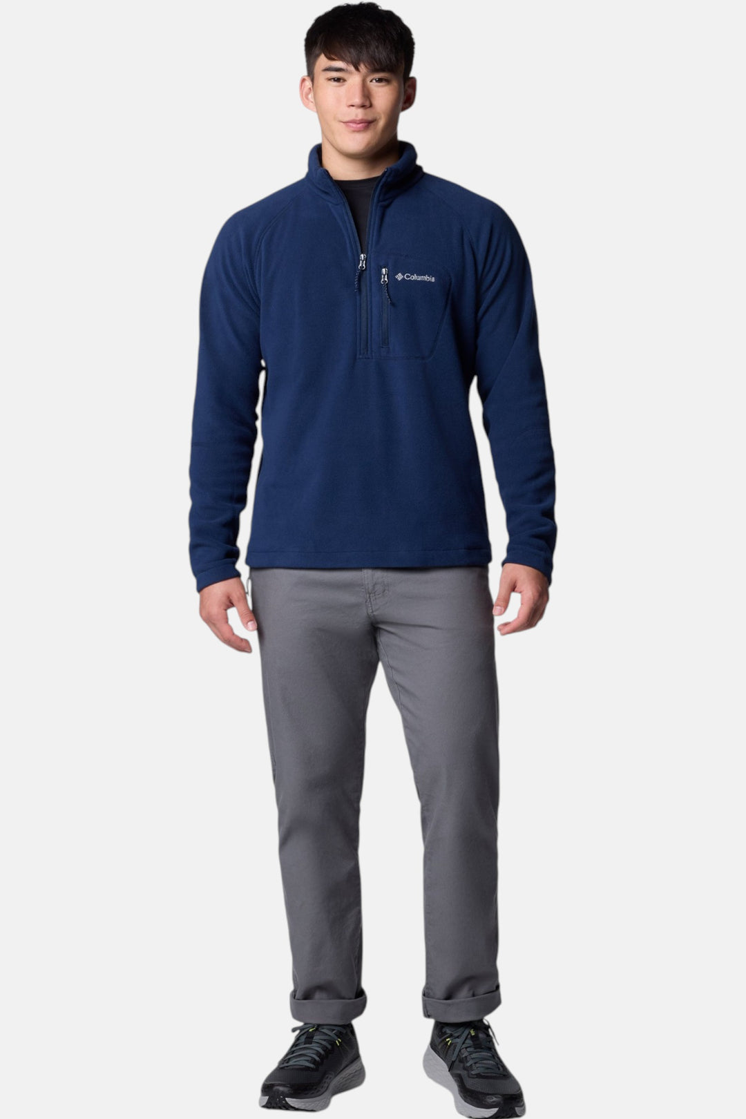 Half-zip fleece pullover in collegiate navy, long sleeves, drawcord hood