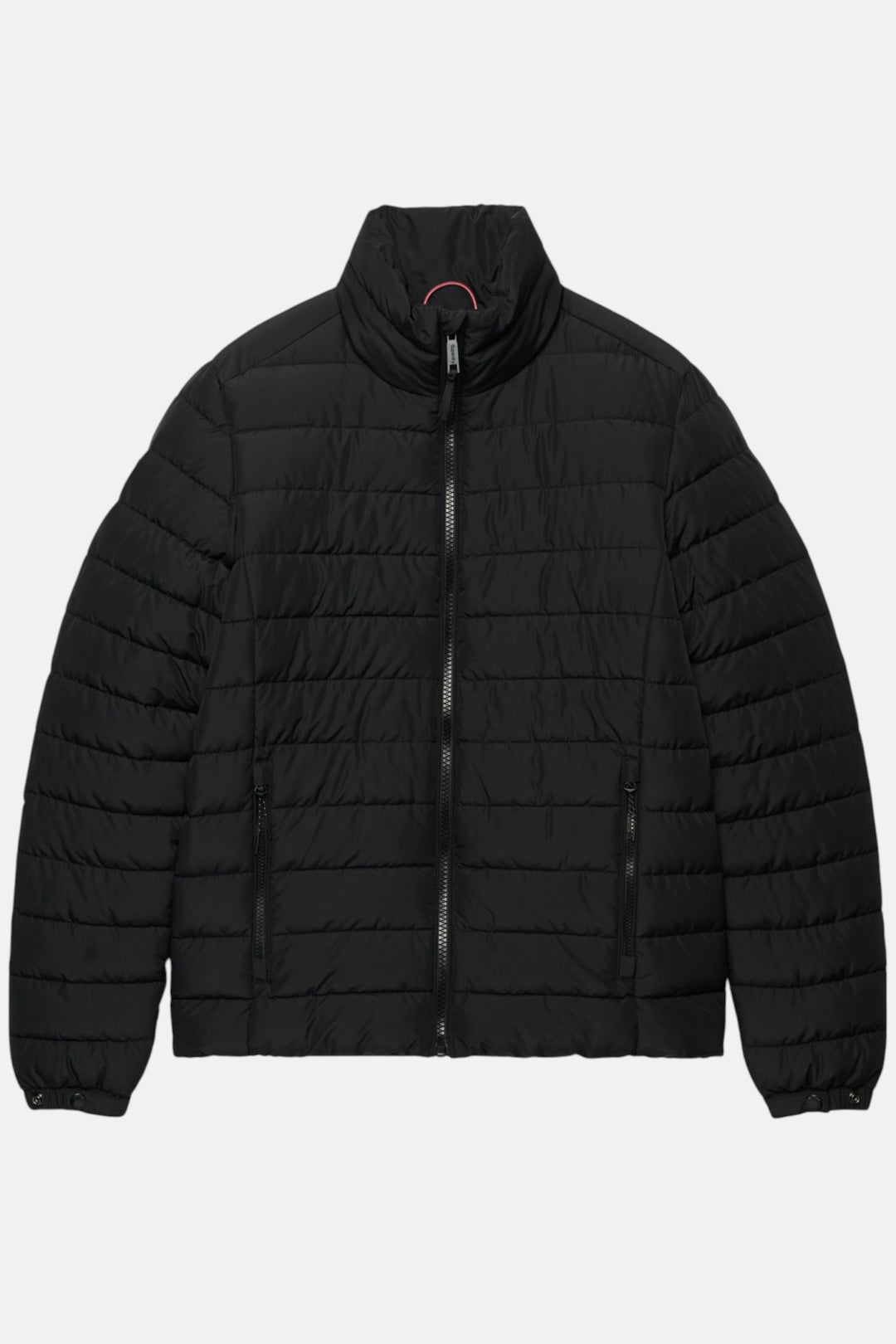 Black hooded padded jacket with front zip and quilted baffles, stand collar