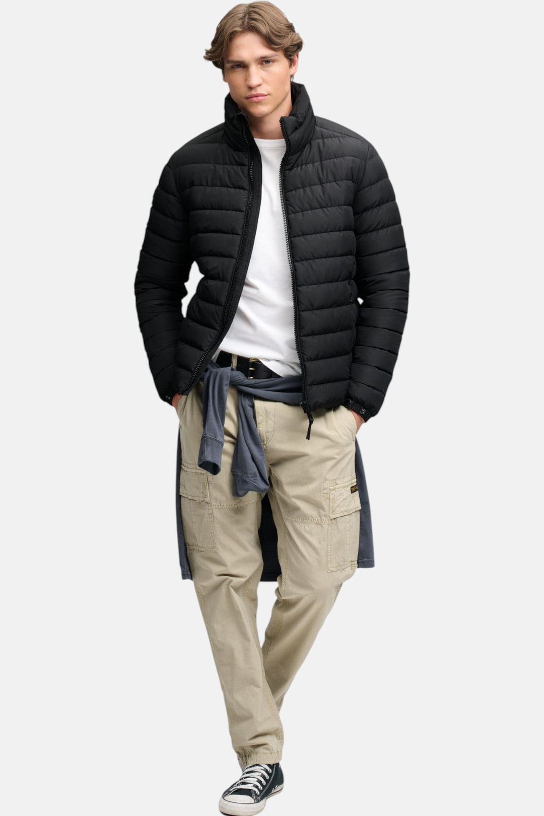 Black padded hooded puffer jacket with full-length front zipper, elastic cuffs