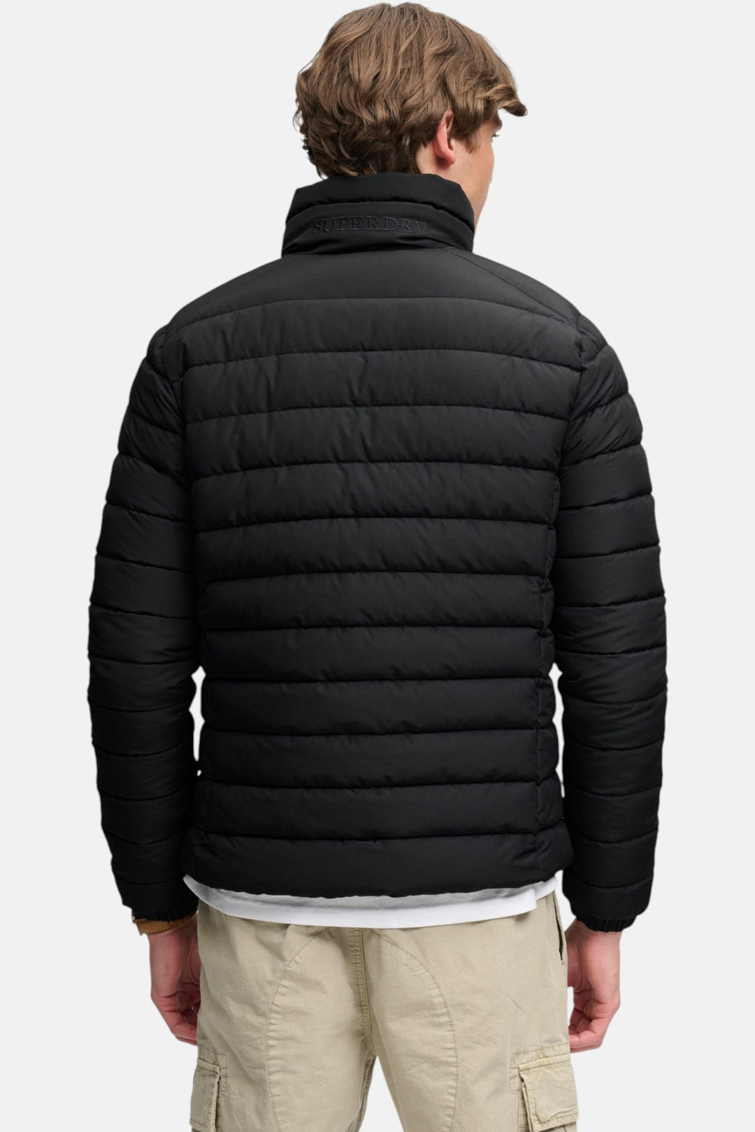 Black hooded puffer jacket, quilted horizontal baffles with full back view