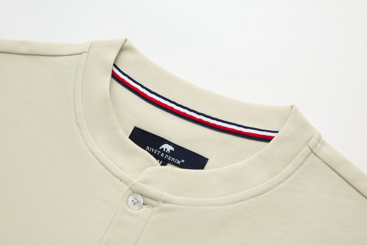 Bone grandad denim top neckline with button placket and brand label