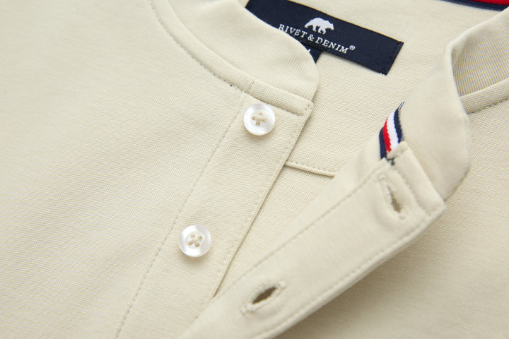 Bone denim top with button placket and contrast trim inside collar