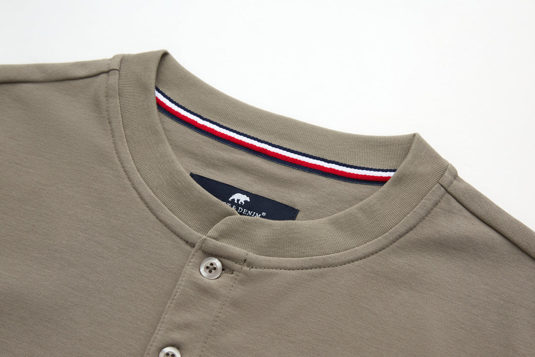 Cinder grandad top crew neckline with red, white, and blue striped trim