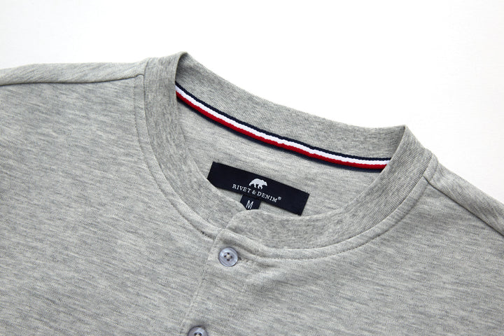 Heather gray grandad neckline with button front and red/white trim