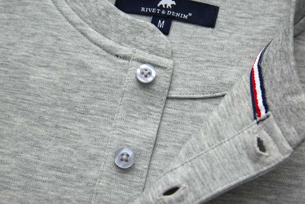 Heather gray long sleeve button front with pocket and side stripe trim