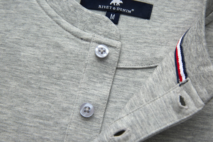 Heather gray long sleeve button front with pocket and side stripe trim