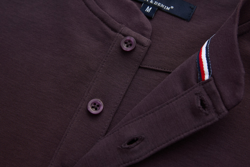 Raisin grandad-style top with button placket, chest pocket, contrast stripe inner facing