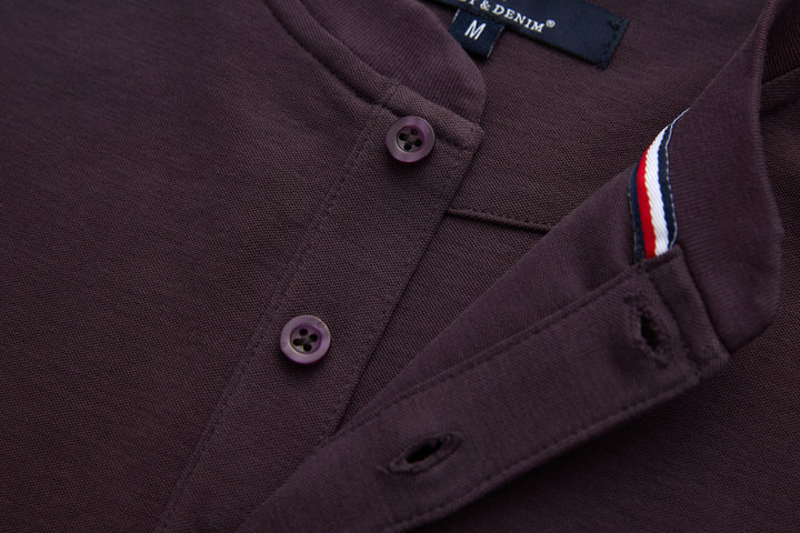 Raisin grandad-style top with button placket, chest pocket, contrast stripe inner facing