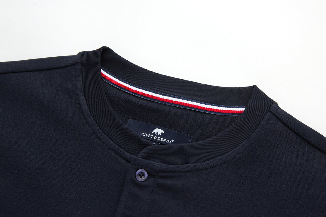 Navy grandad top with button placket and red, white, blue collar trim