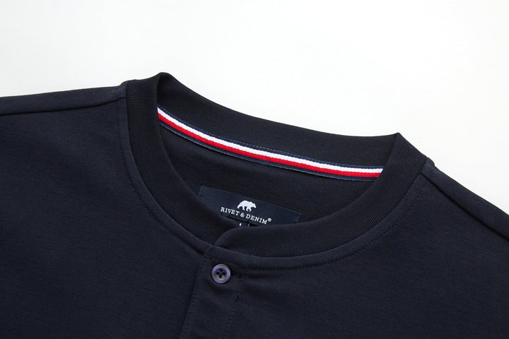 Navy grandad top with button placket and red, white, blue collar trim