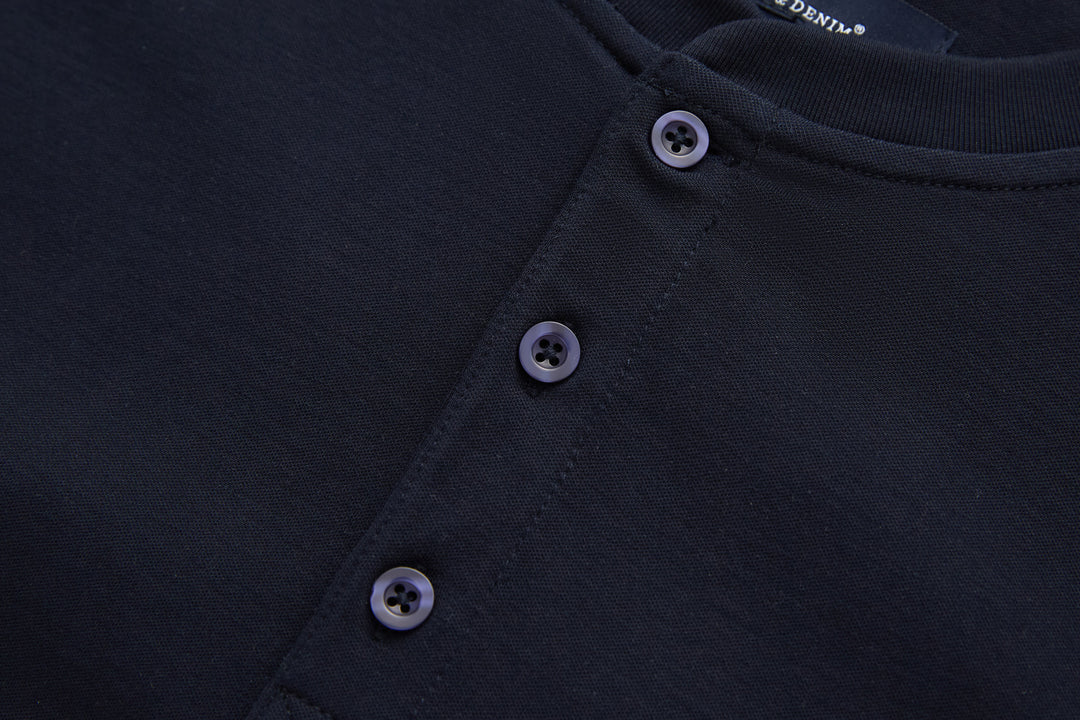 Navy grandad top close-up with three button front