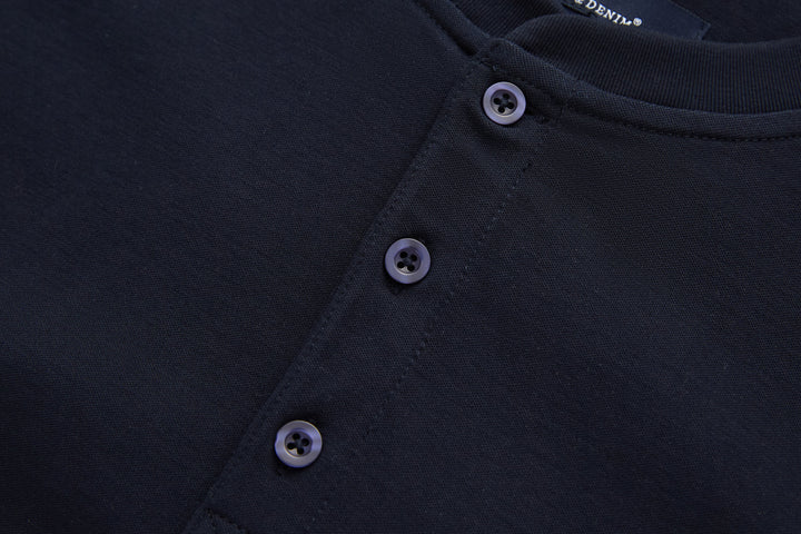 Navy grandad top close-up with three button front