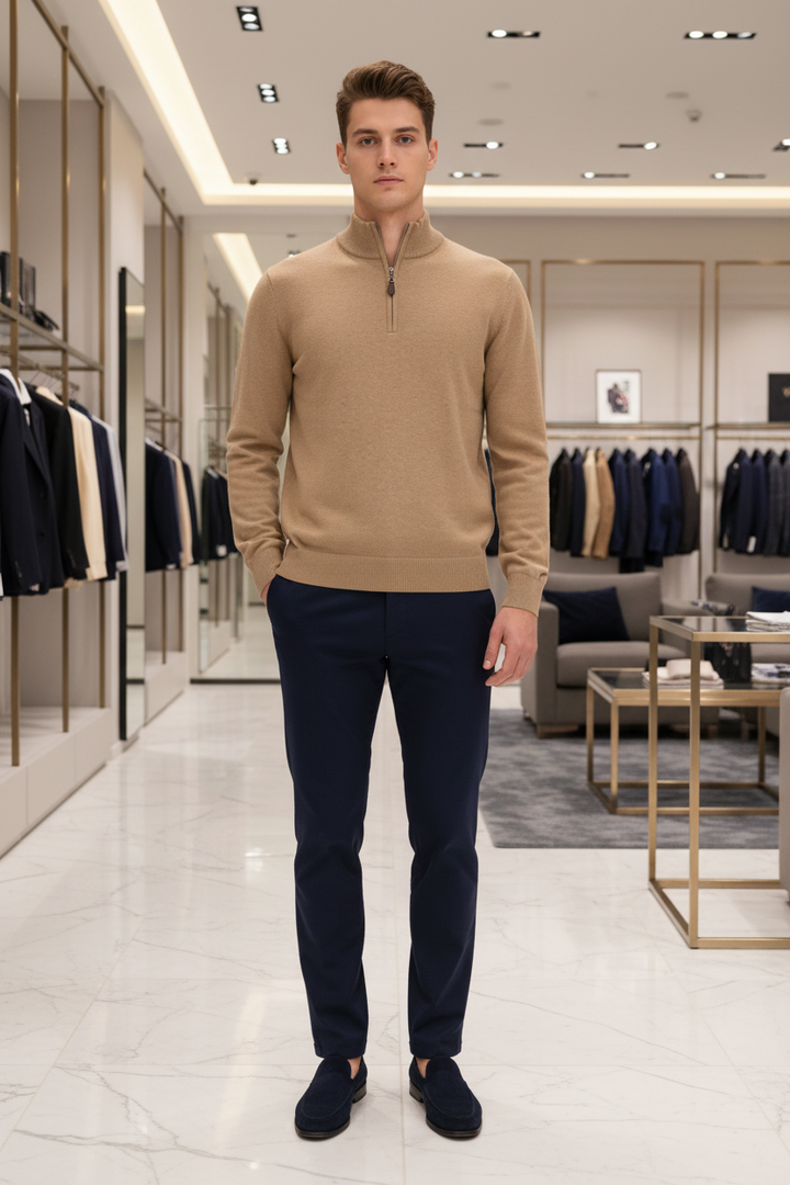 Beige 1/4-zip jumper, long sleeves, ribbed cuffs and hem