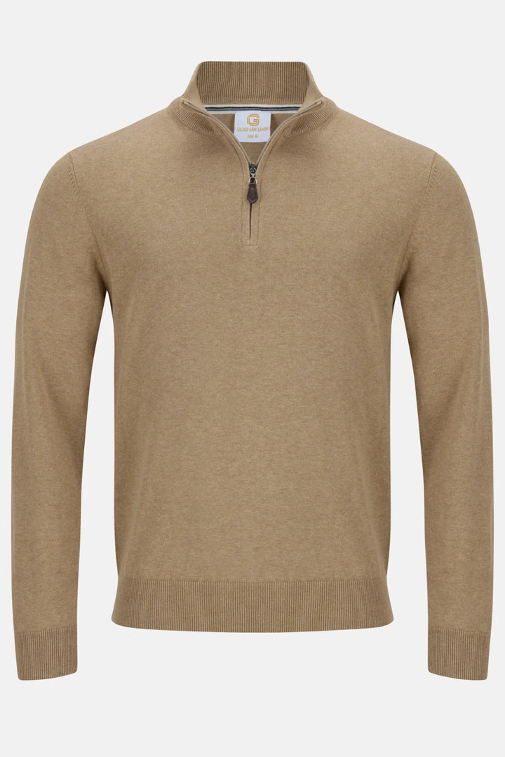 Beige 1/4-zip knit jumper, long sleeves, stand collar, half zip
