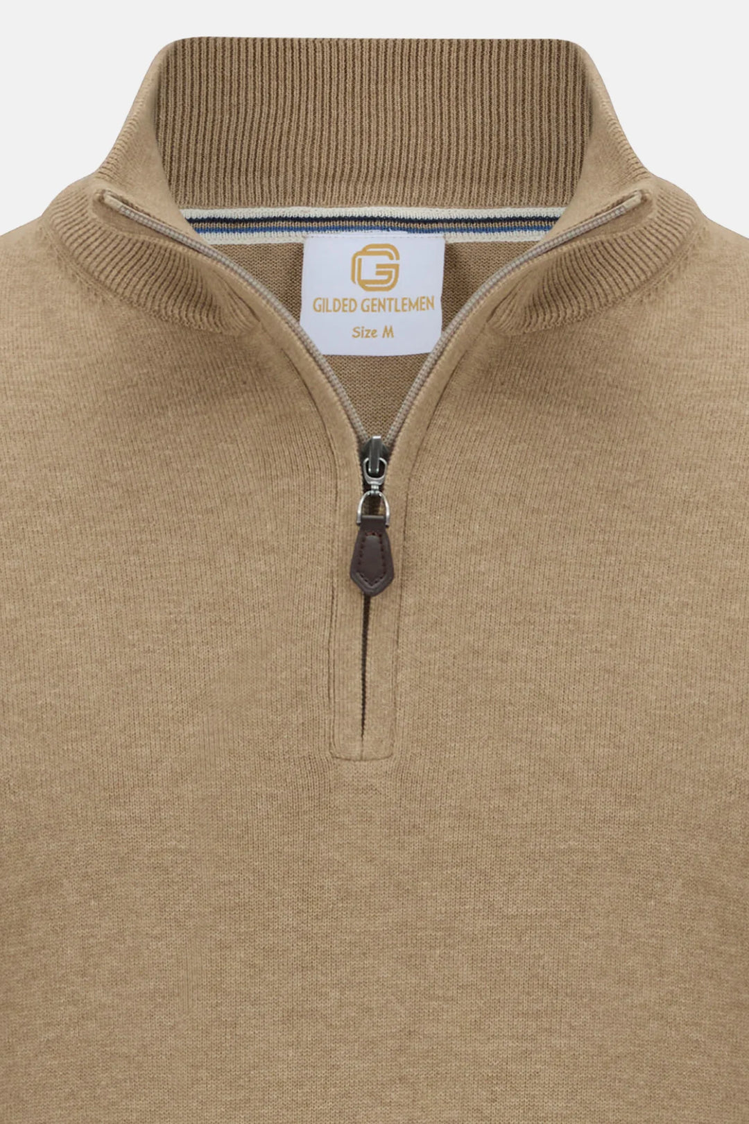 Beige 1/4-zip knit neckline close-up with ribbed collar and zip