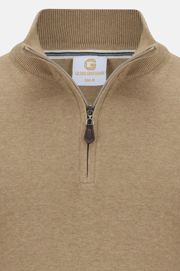 Beige 1/4-zip knit neckline close-up with ribbed collar and zip