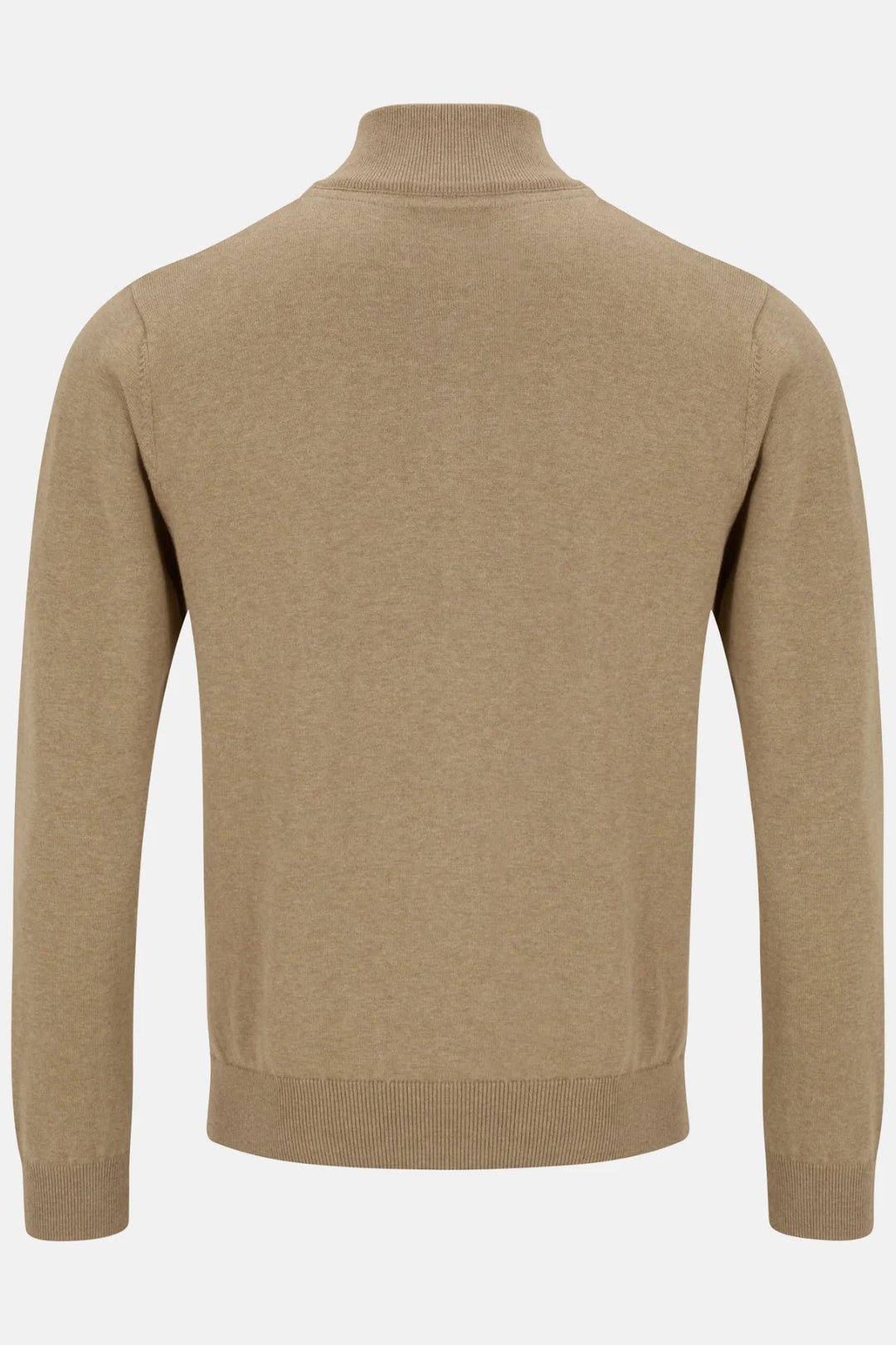 Beige 1/4-zip knit jumper, back view with ribbed cuffs and waistband