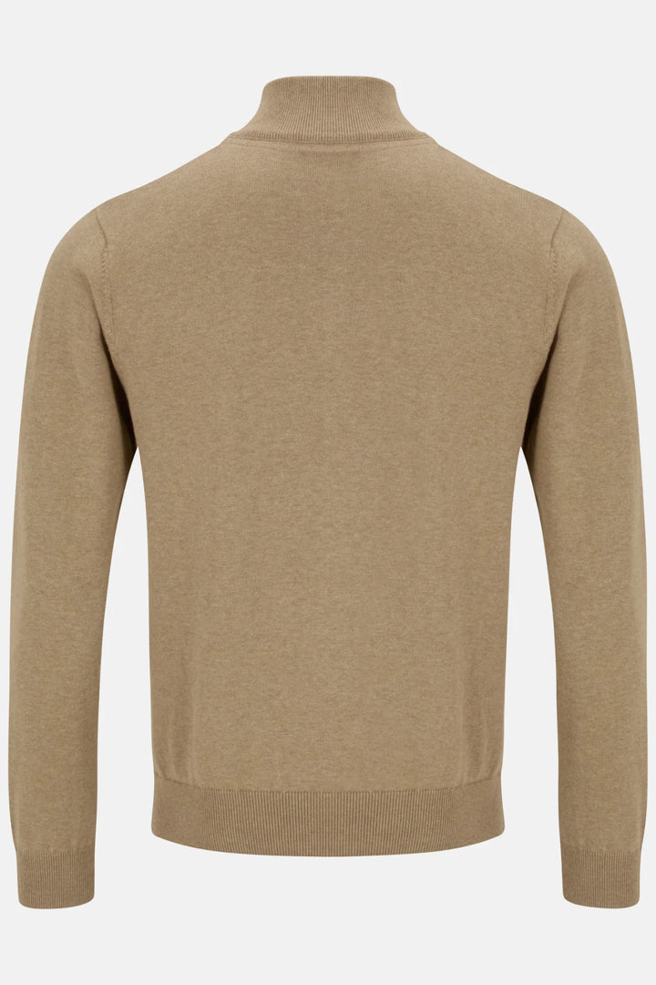 Beige 1/4-zip knit jumper, back view with ribbed cuffs and waistband