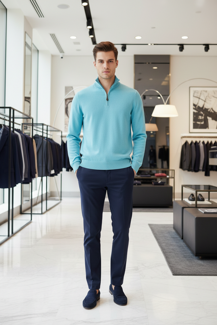 Aqua 1/4-zip knit jumper with ribbed collar and cuffs, worn with dark trousers