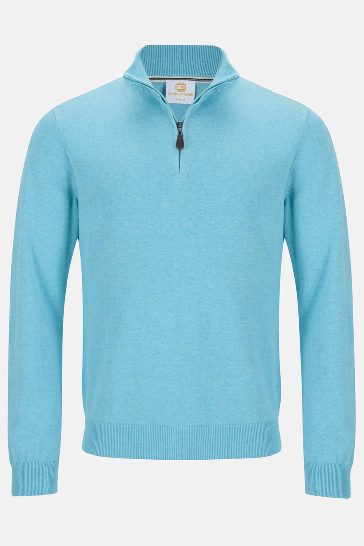 Aqua 1/4-zip knit jumper with short stand collar and visible zipper