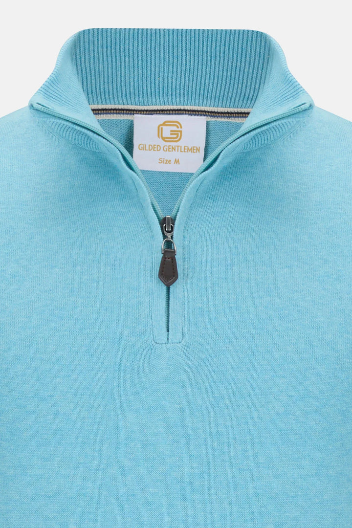 Aqua 1/4-zip knit jumper with ribbed stand collar and branded inner collar label