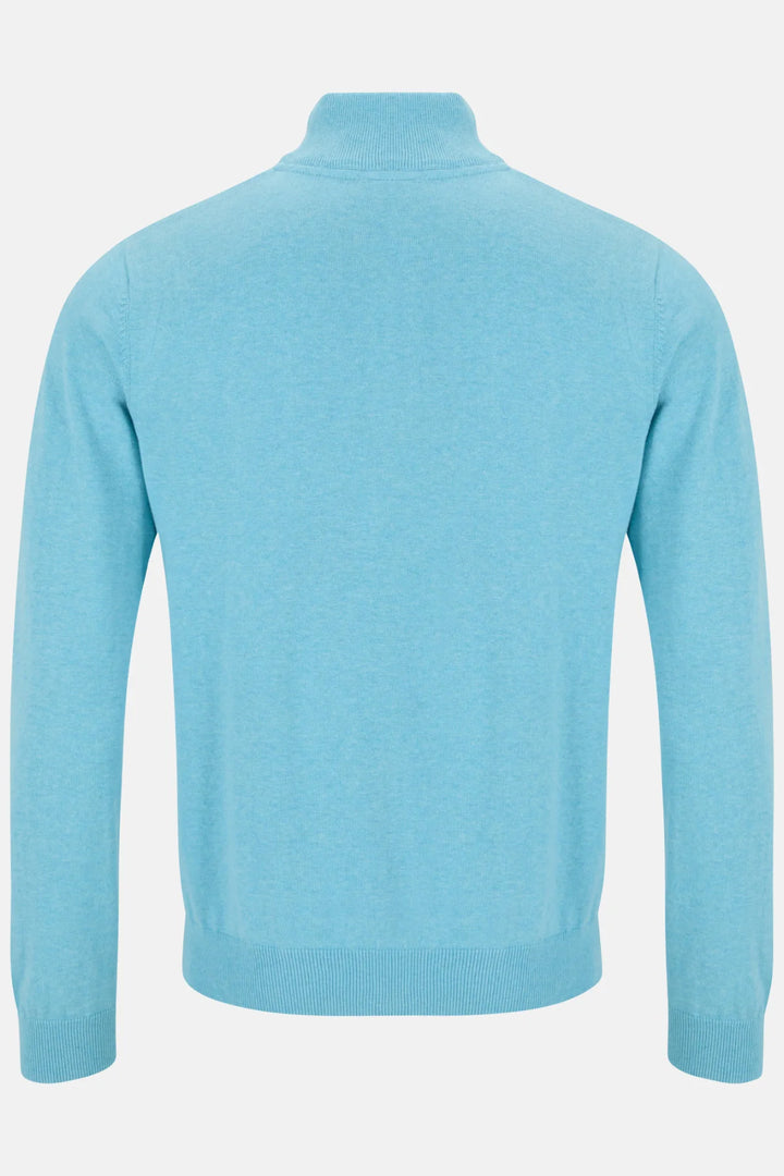 Aqua 1/4-zip knit jumper, back view with ribbed collar and sleeves