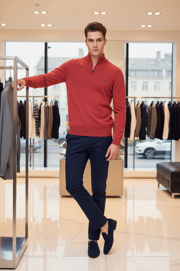 Coral 1/4-zip jumper with ribbed cuffs and collar, quarter zip detail