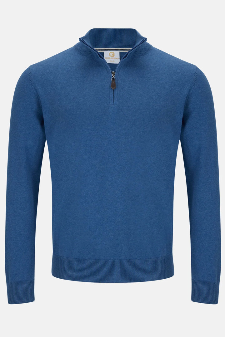 Blue 1/4-zip jumper sweater with ribbed collar and long sleeves, front view.