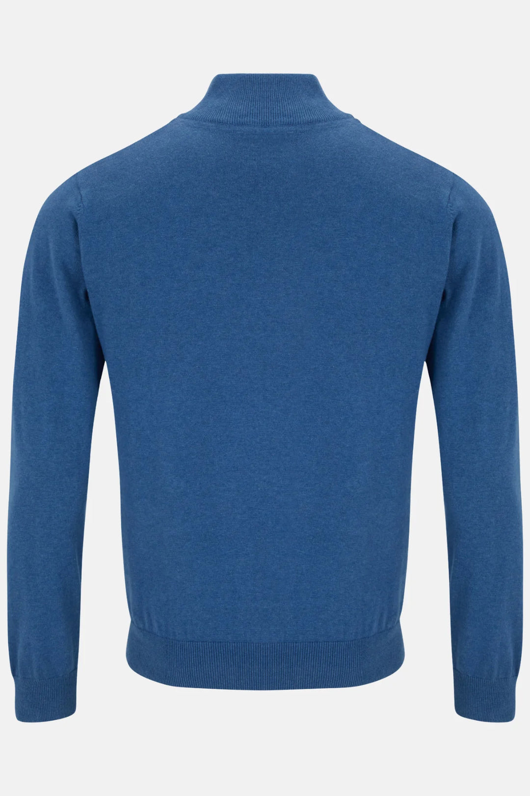 Blue 1/4-zip knit jumper, back view with ribbed hem and long sleeves.
