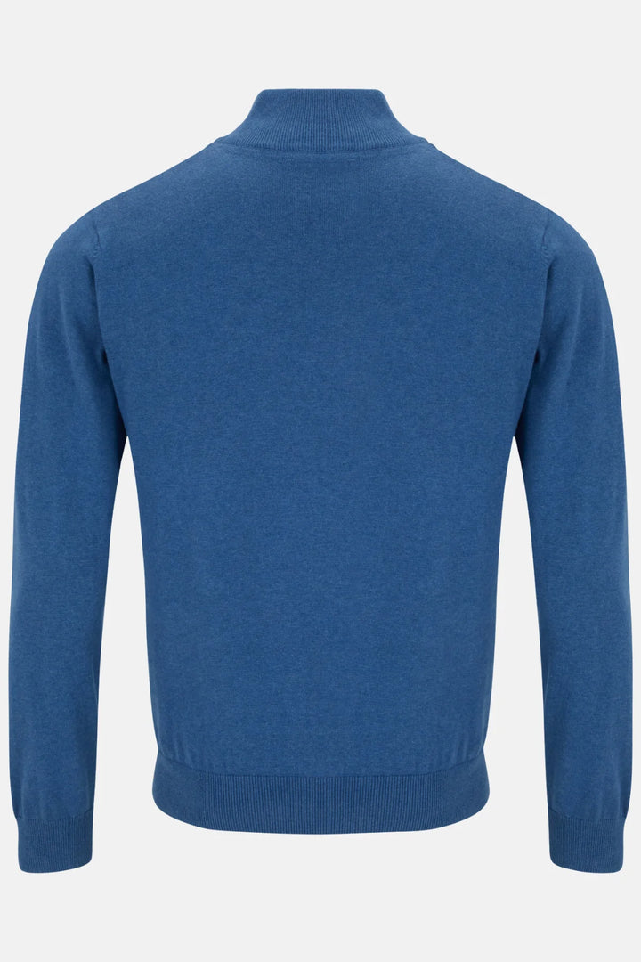 Blue 1/4-zip knit jumper, back view with ribbed hem and long sleeves.