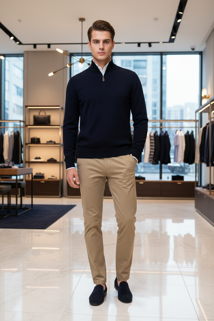 Navy 1/4-zip knit jumper with ribbed collar and cuffs