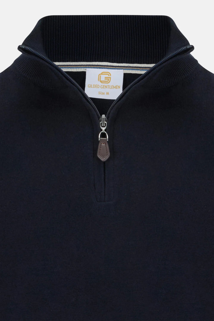 Navy 1/4-zip knit jumper with stand collar and quarter-zip placket