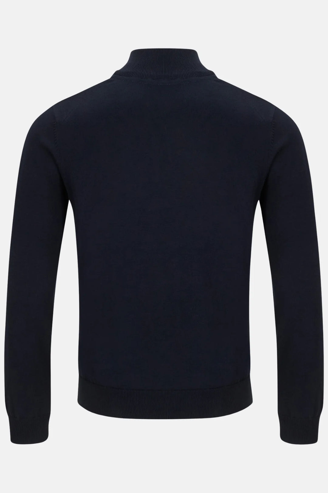 Back view of navy 1/4-zip knit jumper with ribbed hem