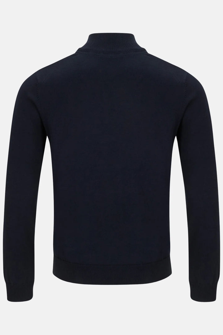 Back view of navy 1/4-zip knit jumper with ribbed hem