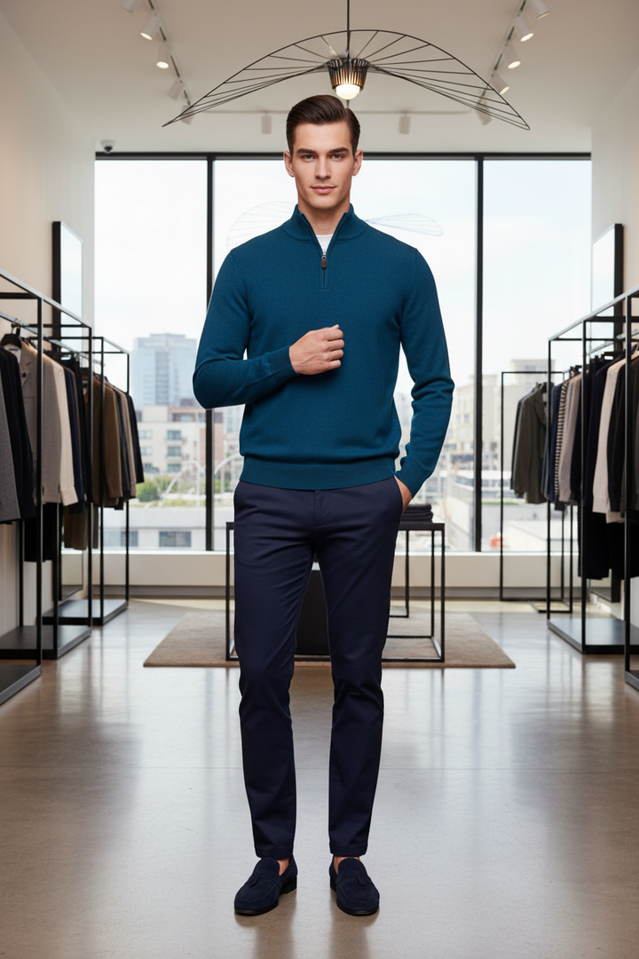 Men's teal 1/4-zip knit jumper with long sleeves and half-length front zip