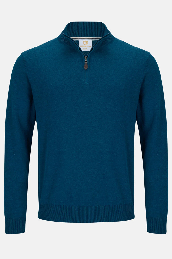 Teal 1/4-zip knit jumper with stand collar and front zipper