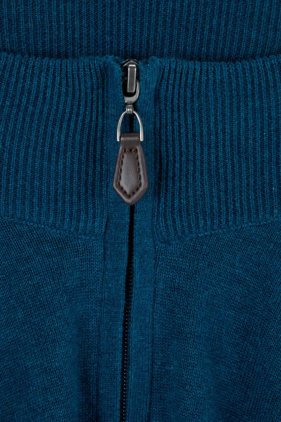 Teal knit jumper front zipper with dark leather-look zip pull tab